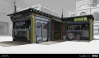 Concept art of the The Corner store on the Halo Infinite multiplayer map Bazaar.