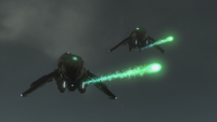 Two Is'belox-pattern Banshees firing their fuel rod cannons in Halo: Reach.