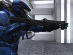 A side-view of a SPARTAN-III wielding the M45 Tactical Shotgun in the Halo: Reach Multiplayer Beta.