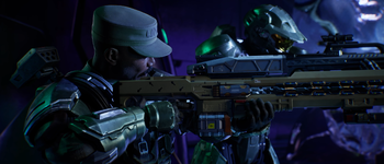 Avery Johnson wielding an M99 Stanchion next to John-117. Screenshot taken from the New Missions Trailer.