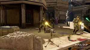 John-117 and two UNSC Marines fighting in Old Mombasa in Halo 2: Anniversary campaign level Outskirts.