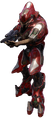 A red Warrior harness-clad Sangheili in Warzone simulations.