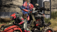 A friendly UNSC Marine and Sangheili Enforcer assisting a player during a match of Firefight: King of the Hill.