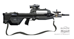 Halo 3 concept art for the BR55HB battle rifle featured in The Art of Halo 3 p.59, later used as a basis for Halo: Reach's M392 DMR. Later realised in Halo Infinite as the Reavian Claw BR75 battle rifle.