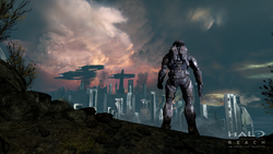 Halo: The Master Chief Collection press kit image featuring Halo: Reach campaign level Exodus. SPARTAN-B312 arrives at the Siege of New Alexandria on Reach.