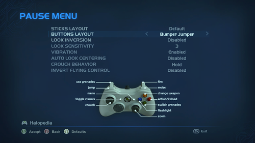 A screenshot of "Buttons Layout" set to "Bumper Jumper" in the Halo: Combat Evolved Anniversary settings menu.Behind the game pause menu is pitch black.Note: The screenshot was taken from the emulator Xenia.