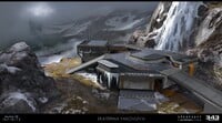 Concept art of the structure on the edge of the cliff.