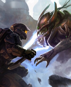 A higher-resolution and cropped version of the John-117 vs. Monn I'zar artwork.