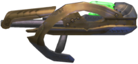 An in-game profile view of the fuel rod gun from Halo 2.