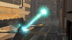 A 957-A3 variant M808B Scorpion is destroyed by a Protos-pattern Scarab's focus cannon during the Battle of Mombasa. From Halo 2: Anniversary campaign level Metropolis.