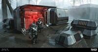 Concept art of Banished Chieftains unloading a storage container.