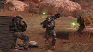 NOBLE Team's SPARTAN-B312 joining a pair of UNSC Marines at Asźod ship breaking yards during Battle of Asźod. From Halo: Reach campaign level The Pillar of Autumn.