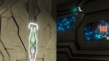 A Constructor Sentinel interacting with a holographic display on a piston.