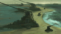 Concept art of UNSC defensive gun emplacements on an Arcadian beach for Halo Wars.