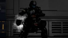 Orbital Drop Shock Trooper Jonathan Doherty wielding an overheating M7057 flamethrower in the New Mombasa Data Center during Battle of New Mombasa, as seen in the Halo 3: ODST campaign level Data Hive.