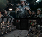Both Colonial and UNSC Marines are en route to battle via dropship, ready to rock.