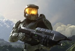 Promotional image for Halo 3 featuring John-117 with an MA5C assault rifle on the campaign level Sierra 117.