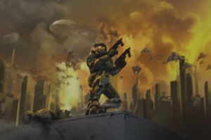 An image of John-117 in New Mombasa. This image was later "sanitised" by Benjamin Giraud for wartime propaganda, resulting in the Halo 2 box art.