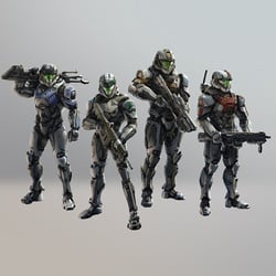 An illustration of Romeo, Gretchen, Dutch, and Mickey from the Halo Encyclopedia.