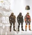 Four conceptual armor sets from The Art of Halo 3. The Scout helmet is visible alongside an early depiction of the Air Assault helmet, later used in Reach.