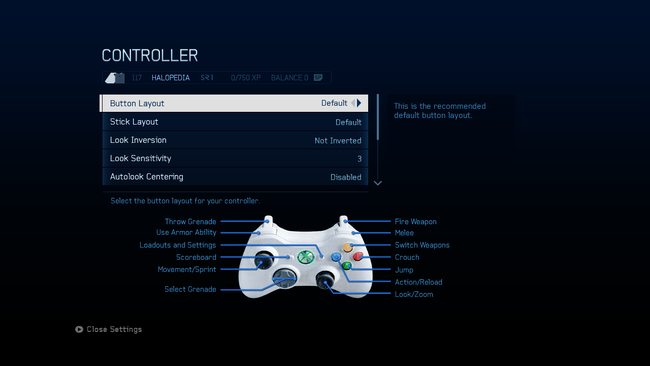 A screenshot of "Button Layout" set to "Default" in the Halo 4 settings menu.Behind the game pause menu is pitch black.Note: The screenshot was taken from the emulator Xenia.