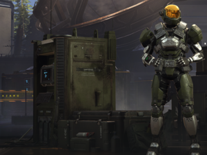 AN SPI-clad Spartan in the Halo Infinite main menu. Screenshot provided by Idio.