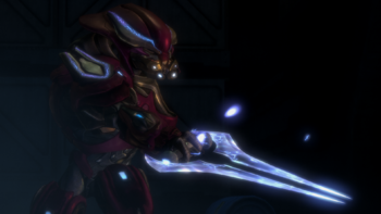 A Sangheili Zealot from Devoted Sentries wielding an unidentified energy sword pattern in Visegrád Relay, as seen in Halo: Reach campaign level Winter Contingency.