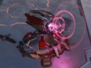 A Banished shield generator deployed at a Banished outpost on Halo Wars 2 multiplayer map Bedrock.