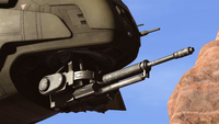 An angled view of the Pelican's M370 autocannon in Halo Infinite.