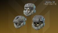 Three Cambion helmets with different attachments