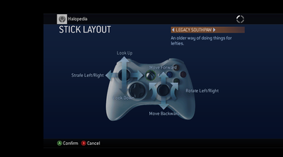 A screenshot of "STICK LAYOUT" set to "LEGACY SOUTHPAW" in the Halo 3 (Xbox 360) settings menu.Behind the game pause menu is pitch black.Note: The screenshot was taken from the emulator Xenia.