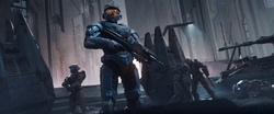 Spartans Evelyn Rousseau, Saskia Nazari, Victor Gallardo, and Dorian Nguyen in London during the Battle for Earth. Screenshot taken from the opening cinematic of the Halo Infinite multiplayer tutorial.