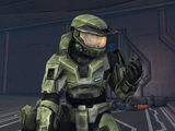 John-117 holding the M4 field disk retrieved from Jenkins's helmet in Halo: Combat Evolved Anniversary.