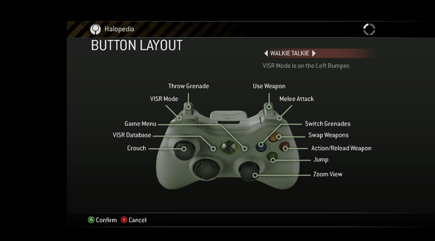 A screenshot of "BUTTON LAYOUT" set to "WALKIE TALKIE" in the Halo 3: ODST (Xbox 360) settings menu.Behind the game pause menu is pitch black.Note: The screenshot was taken from the emulator Xenia.