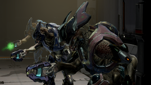 Two Sangheili Storms and a Sangheili Commander, all armed with a Eos'Mak-pattern plasma pistols, while boarding the UNSC Infinity. From Halo 4 Spartan Ops Episode Invasion Chapter Home_Field.