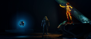 John-117 stands between 343 Guilty Spark and Cortana in Installation 04's Control Room. Screenshot taken from Halo: Campaign Evolved campaign level Two Betrayals.