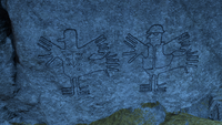 The cave painting of pigeons in the style of the Nazca Lines; one features the logo of SEELE from Neon Genesis Evangelion and the other wears construction gear.