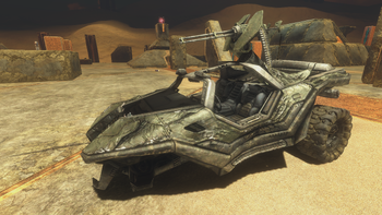 A Wrecked M12 Chaingun Warthog on Sandbox in Halo 3 (only in the Halo MCC version).