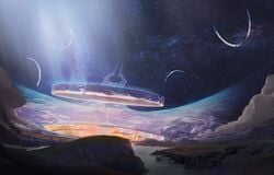 The Greater Ark as seen in Halo Mythos.  This artwork was also used in the Halo Encyclopedia (2022 edition).