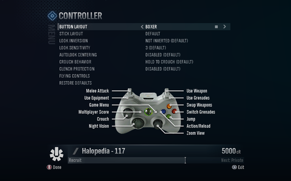 A screenshot of "Button Layout" set to "Boxer" in the Halo: Reach settings menu.Behind the game pause menu is pitch black.Note: The screenshot was taken from the emulator Xenia.