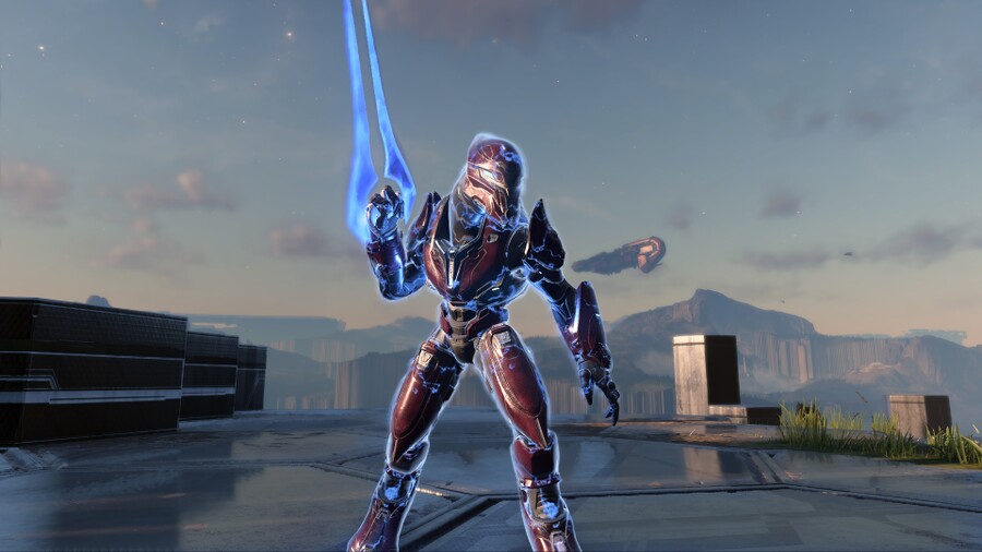 A screenshot of Okro 'Vagaduun holding his energy sword on Zeta Halo.