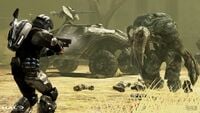 An ODST fighting a tank form in the Halo: The Master Chief Collection version of Halo 3: ODST.
