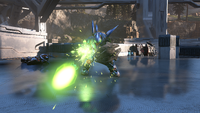 A berserk Mgalekgolo firing its assault cannon in Halo Infinite.