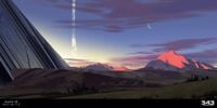 Early concept art of another vista at sunset or sunrise.