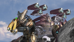 A Jiralhanae War Chieftain with a Pez'tk-pattern fuel rod gun and a Ogab'd-pattern anti-aircraft Wraith during the Battle of Installation 00. From Halo 3 campaign level The Covenant.
