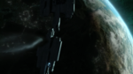 A destroyed UNSC frigate over Reach from Halo: Reach Announcement Trailer, likely the UNSC Savannah destroyed by the Covenant Corvette Ardent Prayer.