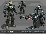 An early render of a Hellbringer from Halo Wars, alongside an early Spartan design.