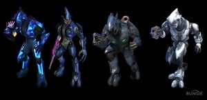 Halo: Reach press kit image; comparison of the Sangheili combat harness from Halo: Combat Evolved, Halo 2, Halo 3/Halo 3: ODST, and Halo: Reach.