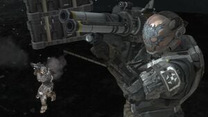 Members of NOBLE Team (Emile-A239 and SPARTAN-B312) wielding M41 rocket launchers on the top floor of SWORD Base, as seen in Halo: Reach campaign level ONI: Sword Base.