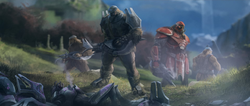 Jiralhanae soldiers standing over dead Sangheili High Councilors from Halo 2: Anniversary.